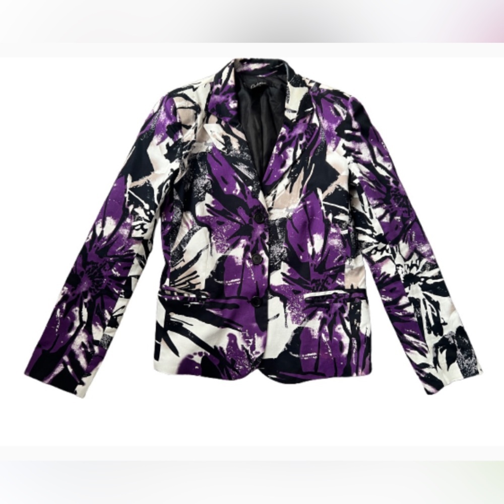 Calessa wines Blazer Vibrant‎ Purple Tan  and Black Print with pockets